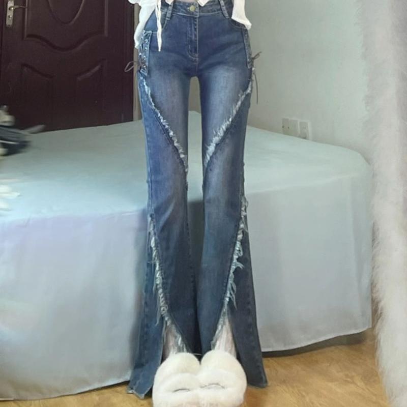 New Fashion Retro Niche Design Sense Split Burrs Simple Strap Jeans Female Spice Girls Stretch High Waist Slim Flare